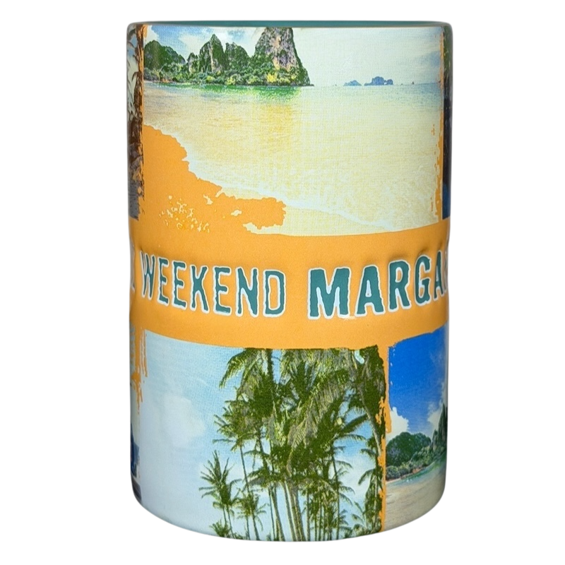 Jimmy Buffett Margaritaville Livin' For The Weekend mug featuring tropical beach designs and vibrant colors