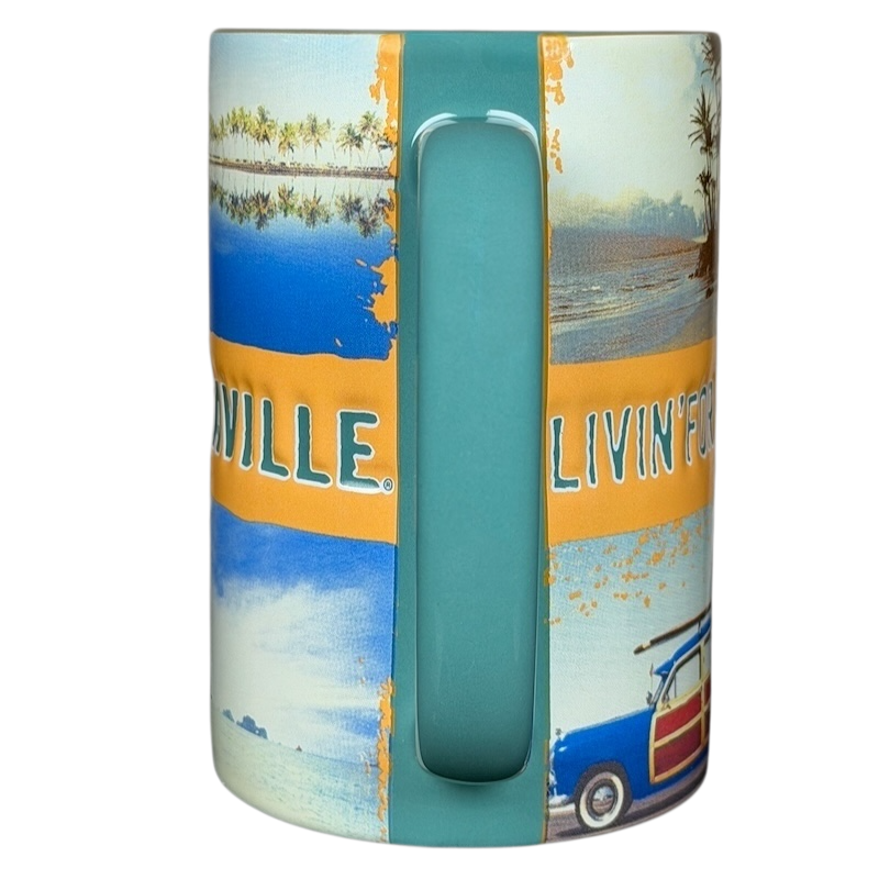 Jimmy Buffett Margaritaville Livin' For The Weekend mug featuring vibrant tropical designs and a sturdy handle