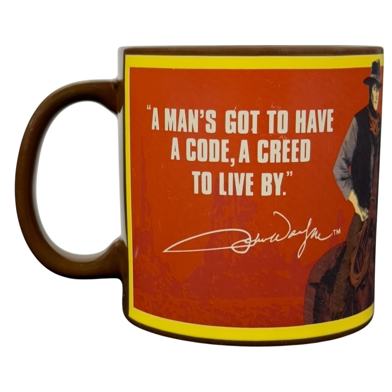Vintage brown mug featuring John Wayne quote, A Man's Got To Have A Code John Wayne vintage brown mug