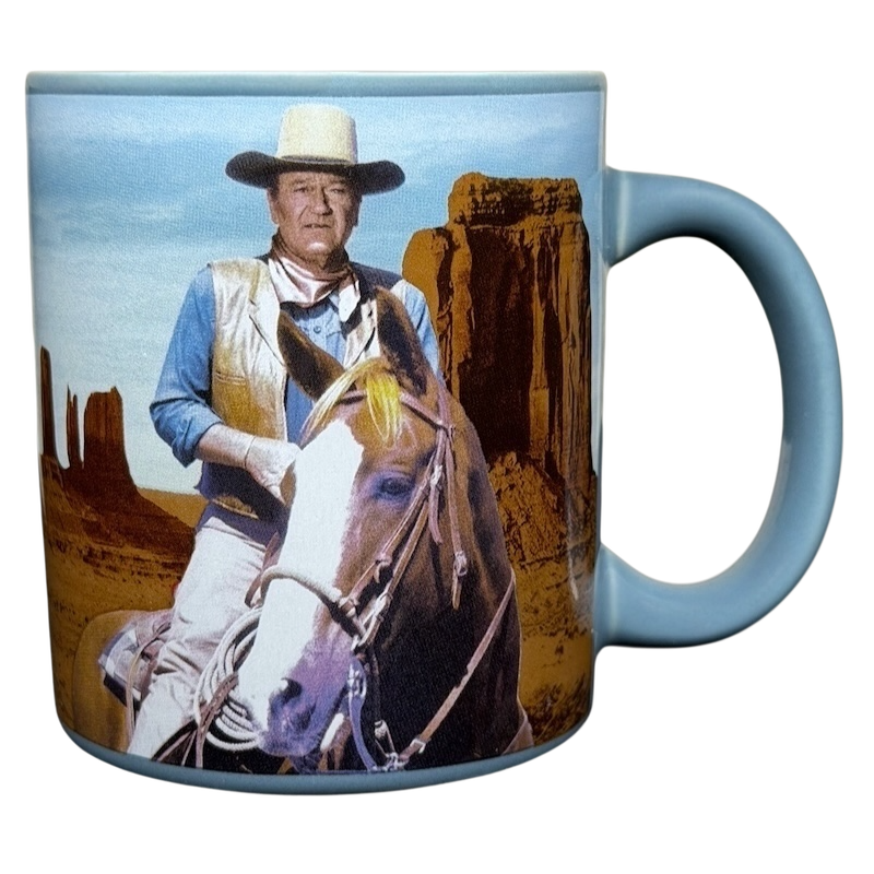 John Wayne code creed blue collectible mug featuring a classic Western scene with a horse and cowboy