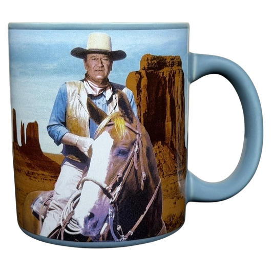 John Wayne code creed blue collectible mug featuring a classic Western scene with a horse and cowboy