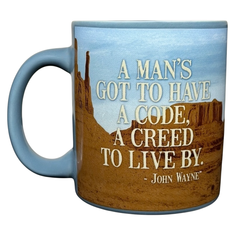John Wayne code creed blue collectible mug featuring a desert scene and motivational quote