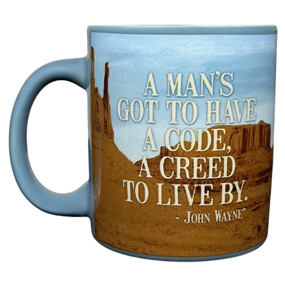 John Wayne code creed blue collectible mug featuring a desert scene and motivational quote