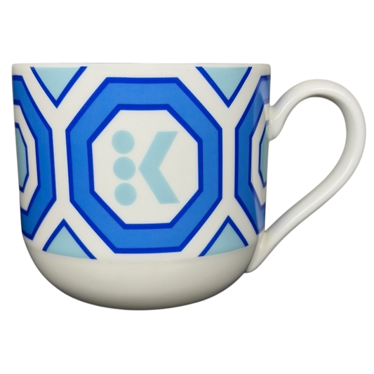 Vintage Jonathan Adler Keurig mug with a geometric blue design and comfortable handle