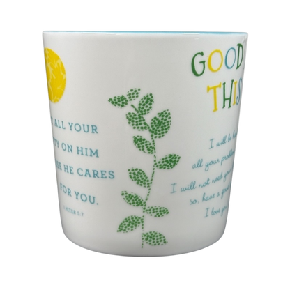 Joyce Meyer collectible mug with inspirational scripture and green leaf design on white ceramic