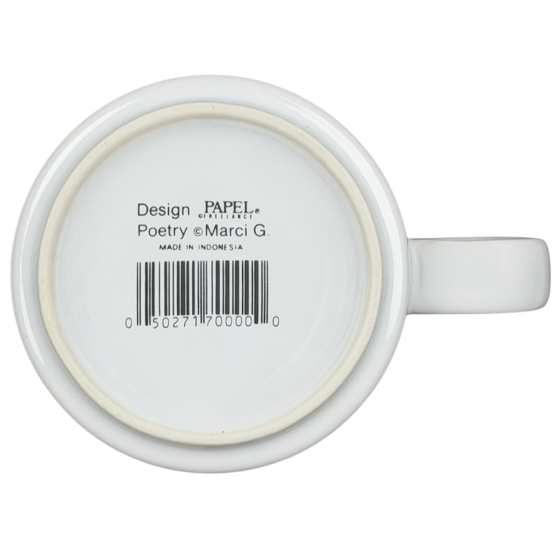 Bottom view of Papel JUDY name poetry mug showing design details and barcode
