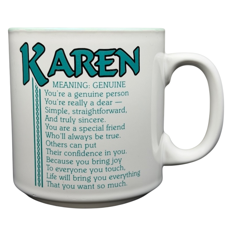 KAREN Poetry Name Mug Papel featuring a heartfelt description of the name Karen with meaning and attributes