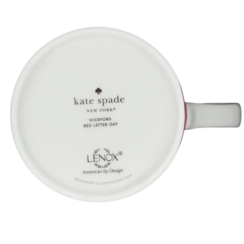 Bottom view of Kate Spade Wickford Red Letter Day Monogram Mug Lenox with logo and design details