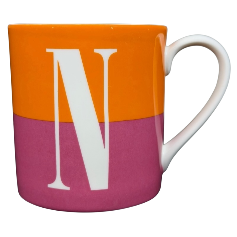 Kate Spade Wickford Red Letter Day Monogram Mug Lenox with vibrant orange, pink, and white design featuring the letter N