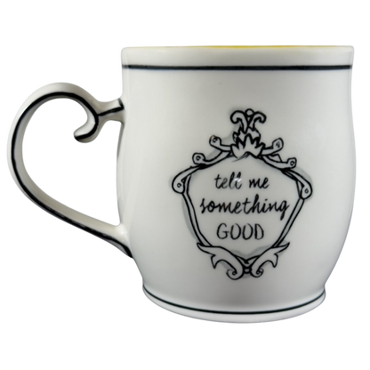 Katie Mandy collectible mug white ceramic with black decorative text and elegant handle