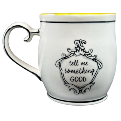 Katie Mandy collectible mug with black decorative text tell me something good on white ceramic