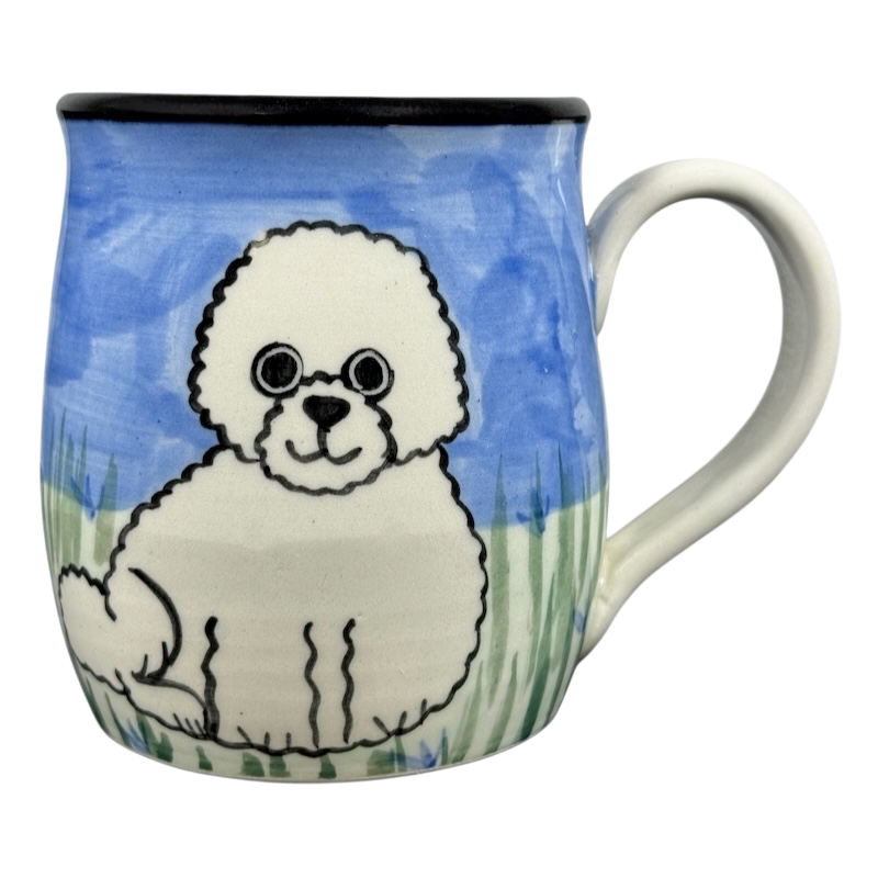 Karen Donleavy Bichon Frise mug hand painted ceramic mug with white dog on blue sky and grass