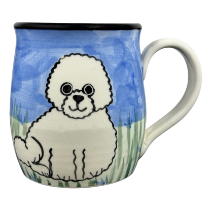 Karen Donleavy Bichon Frise mug hand painted ceramic mug with white dog on blue sky and grass