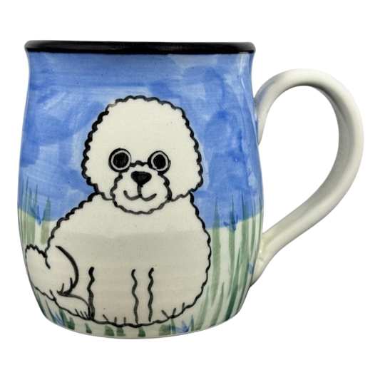 Karen Donleavy Bichon Frise mug hand painted ceramic mug with white dog on blue sky and grass