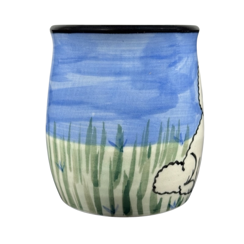 Karen Donleavy Bichon Frise mug hand painted ceramic cup with blue sky grassy field and Bichon outline