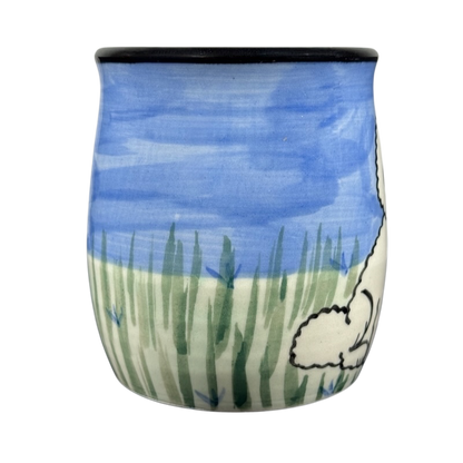 Karen Donleavy Bichon Frise mug hand painted ceramic cup with blue sky grassy field and Bichon outline