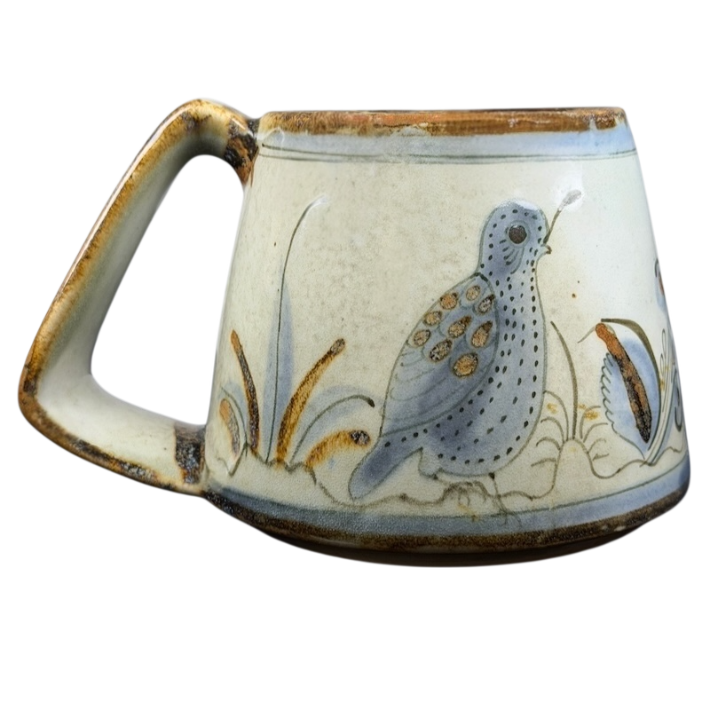 Ken Edwards Mexican pottery quail mug with detailed bird design and earthy colors