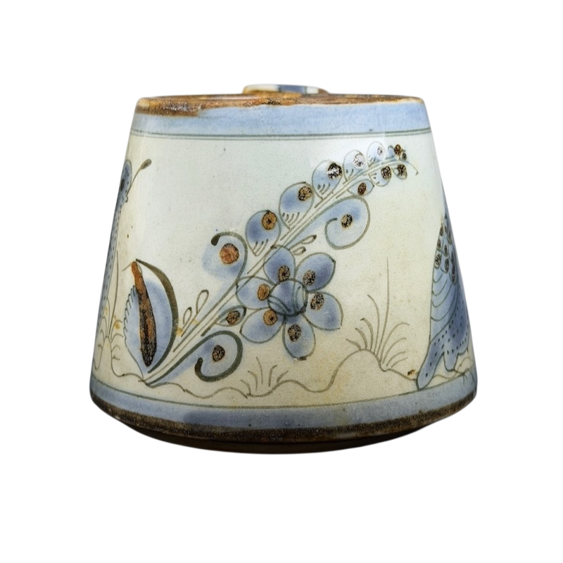 Ken Edwards Mexican pottery quail mug with intricate floral designs in soft colors