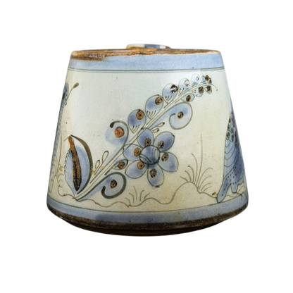 Ken Edwards Mexican pottery quail mug with intricate floral designs in soft colors
