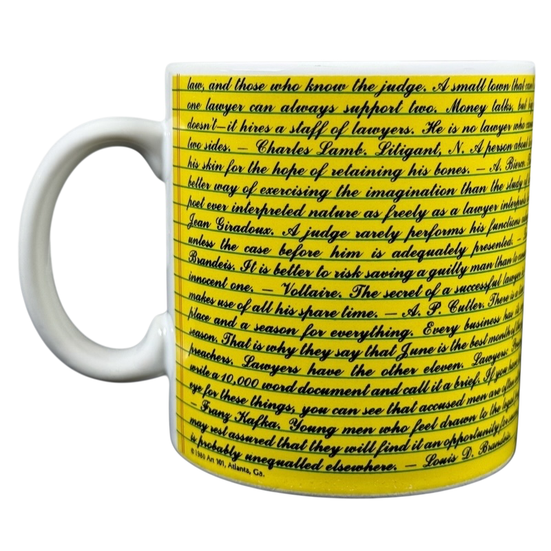 Kenneth Grooms Toscany Collection vintage lawyers mug white ceramic yellow script text wrap