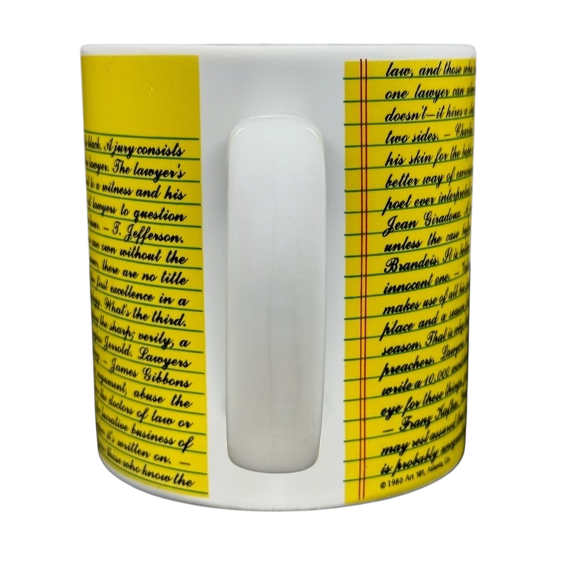 Kenneth Grooms Toscany Collection vintage lawyers mug white ceramic with yellow lined legal text design and handle