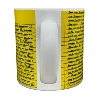 Kenneth Grooms Toscany Collection vintage lawyers mug white ceramic with yellow lined legal text design and handle