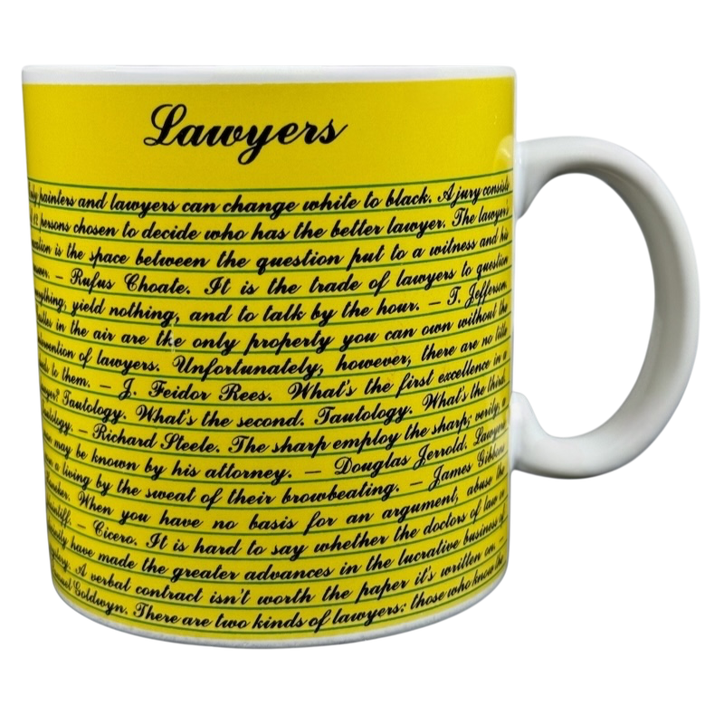 Kenneth Grooms Toscany Collection vintage lawyers mug. Yellow ceramic mug with black script title Lawyers and printed legal quotes