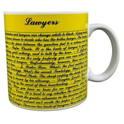 Kenneth Grooms Toscany Collection vintage lawyers mug. Yellow ceramic mug with black script title Lawyers and printed legal quotes