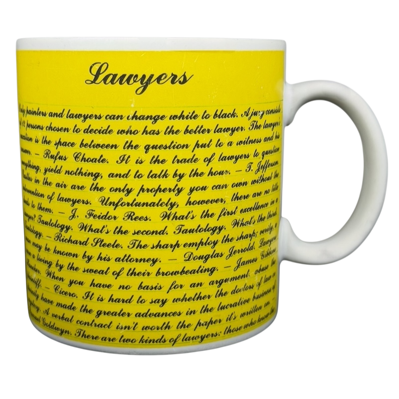 Kenneth Grooms Toscany Collection vintage lawyers mug featuring humorous lawyer quotes and illustrations