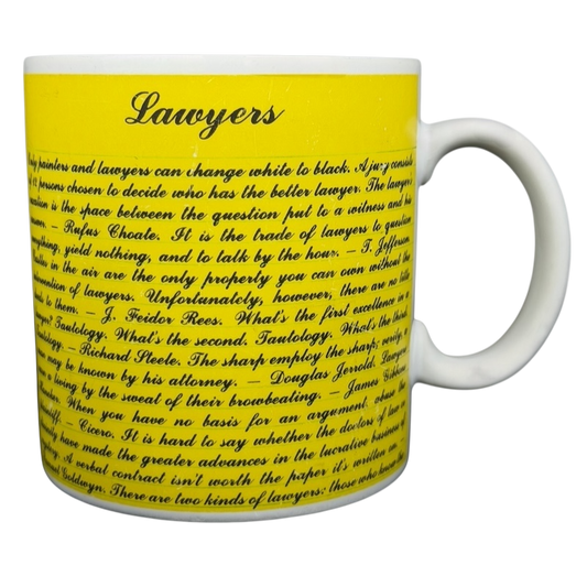 Kenneth Grooms Toscany Collection vintage lawyers mug featuring humorous lawyer quotes and illustrations