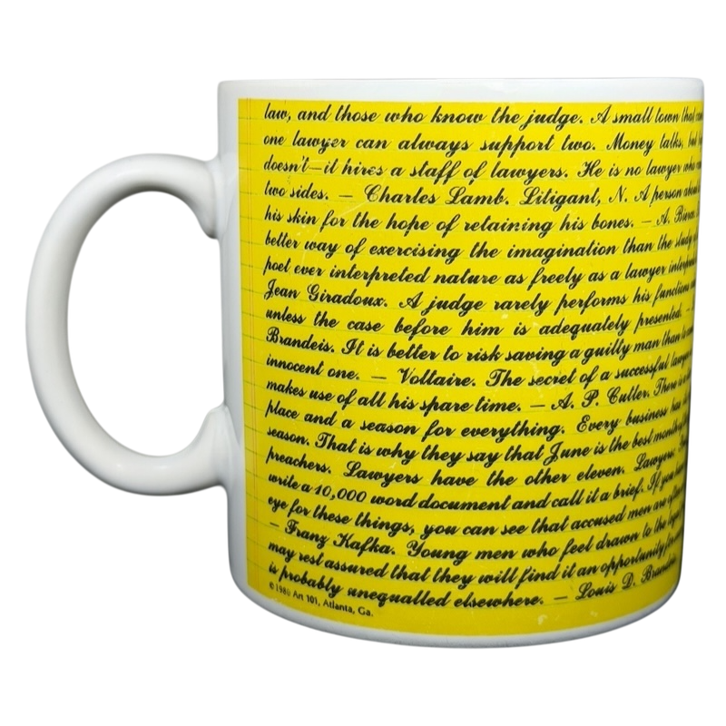 Kenneth Grooms Toscany Collection vintage lawyers mug featuring legal quotes and yellow background