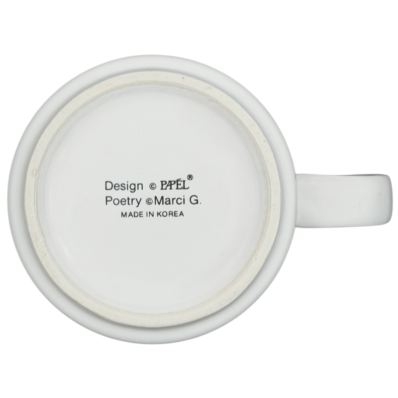 Bottom view of Papel Kim poetry name mug featuring a design by Marci G, made in Korea