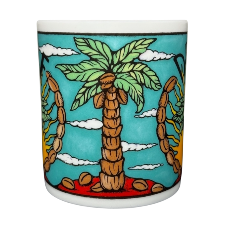 Decaf Kris Fisher Chaleur mug featuring colorful palm tree and coconuts on turquoise background