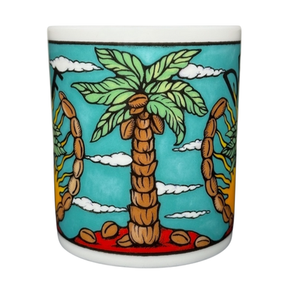 Decaf Kris Fisher Chaleur mug featuring colorful palm tree and coconuts on turquoise background