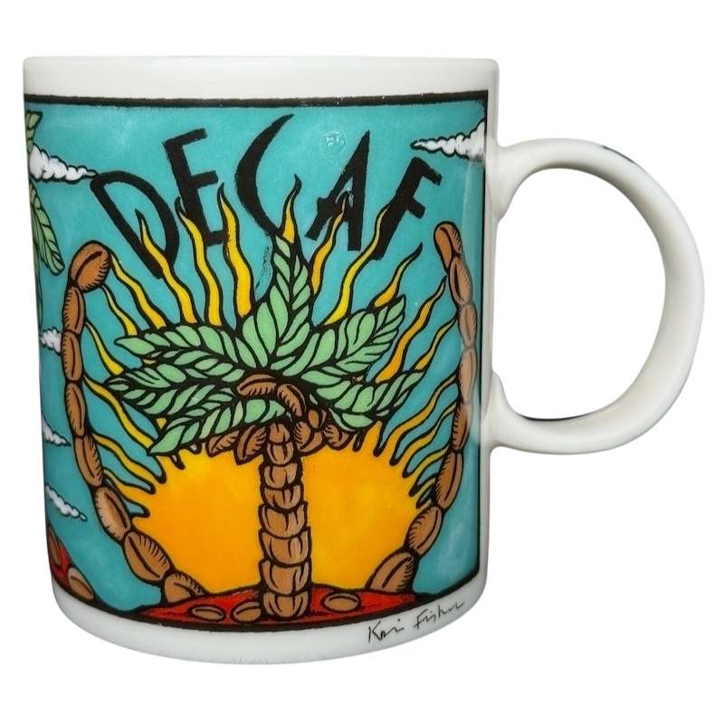 Decaf Kris Fisher Chaleur mug with colorful palm tree and sunrise illustration on white ceramic coffee cup