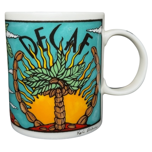 Decaf Kris Fisher Chaleur mug with colorful palm tree and sunrise illustration on white ceramic coffee cup