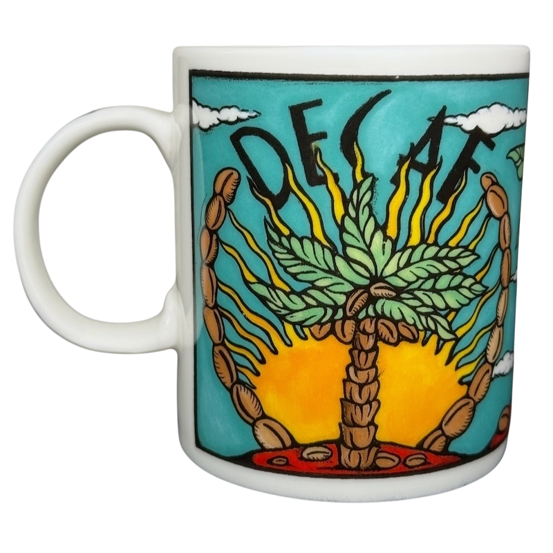 Decaf Kris Fisher Chaleur mug ceramic coffee cup with colorful palm tree sun and coffee bean artwork