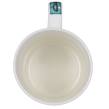 Top view of Decaf Kris Fisher Chaleur mug white ceramic with cream interior and turquoise handle accent