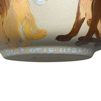 Hand-painted pottery mug featuring Lady and the Tramp design, perfect for dog lovers and collectors