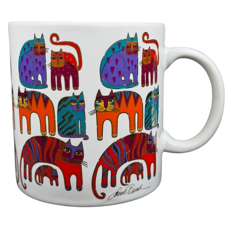 Colorful Fantastic Felines Mug Laurel Burch featuring vibrant cat designs on a white background