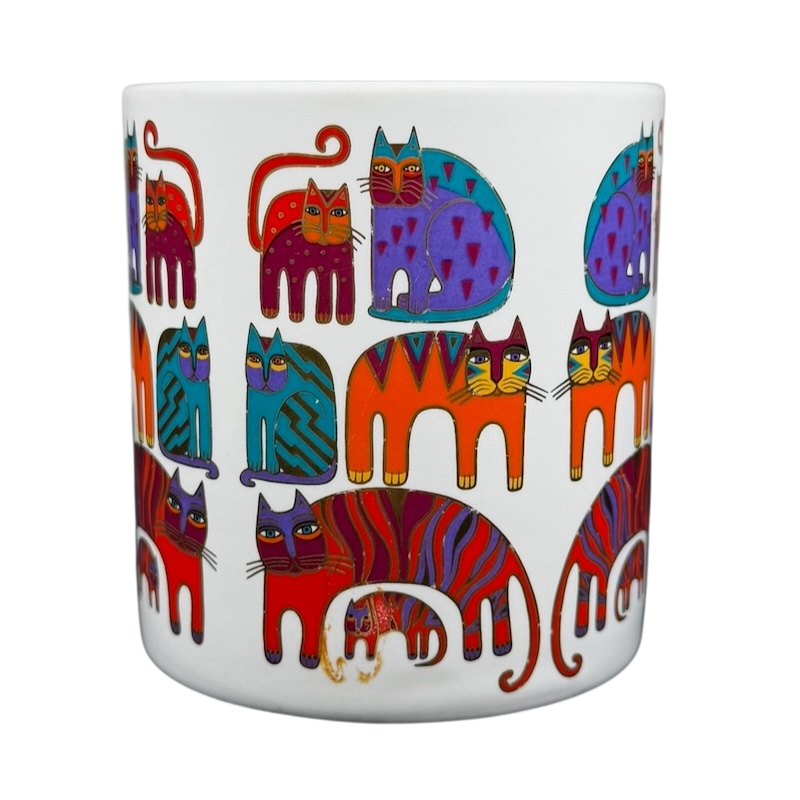 Colorful Fantastic Felines Mug Laurel Burch with vibrant cat designs in various shapes and colors