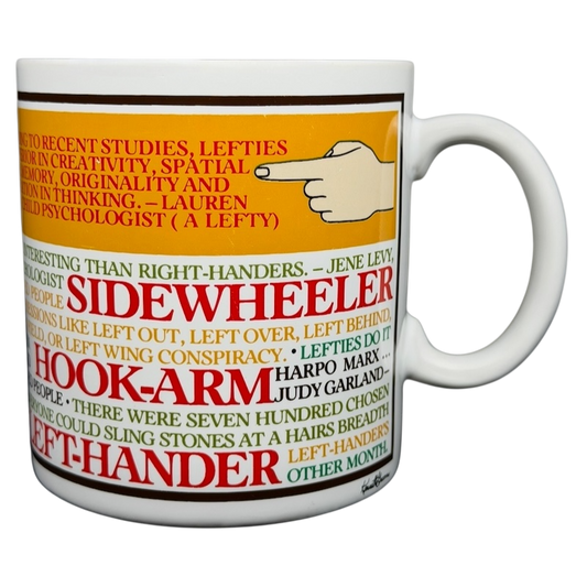 Lefty Kenneth Grooms Mug The Toscany Collection featuring colorful text about left-handedness and creativity