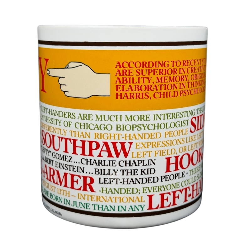 Lefty Kenneth Grooms Mug The Toscany Collection featuring colorful text on left-handedness and famous left-handers
