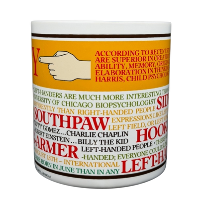 Lefty Kenneth Grooms Mug The Toscany Collection featuring colorful text on left-handedness and famous left-handers
