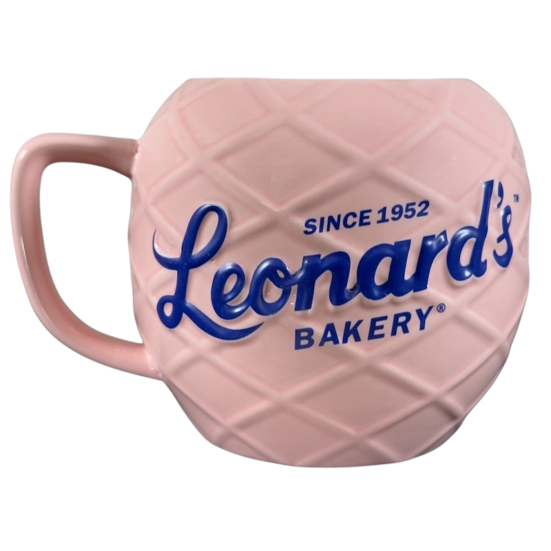Leonard's Bakery collectible mug in pink with blue lettering and textured design