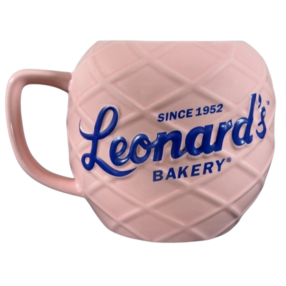Leonard's Bakery collectible mug in pink with blue lettering and textured design