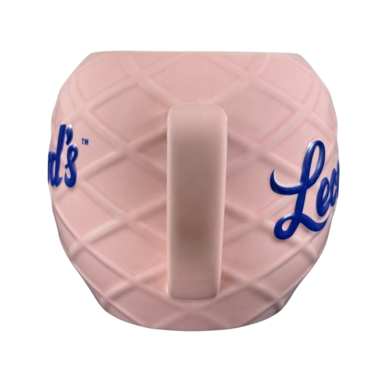 Leonard's Bakery collectible mug in pink with diamond pattern and blue logo