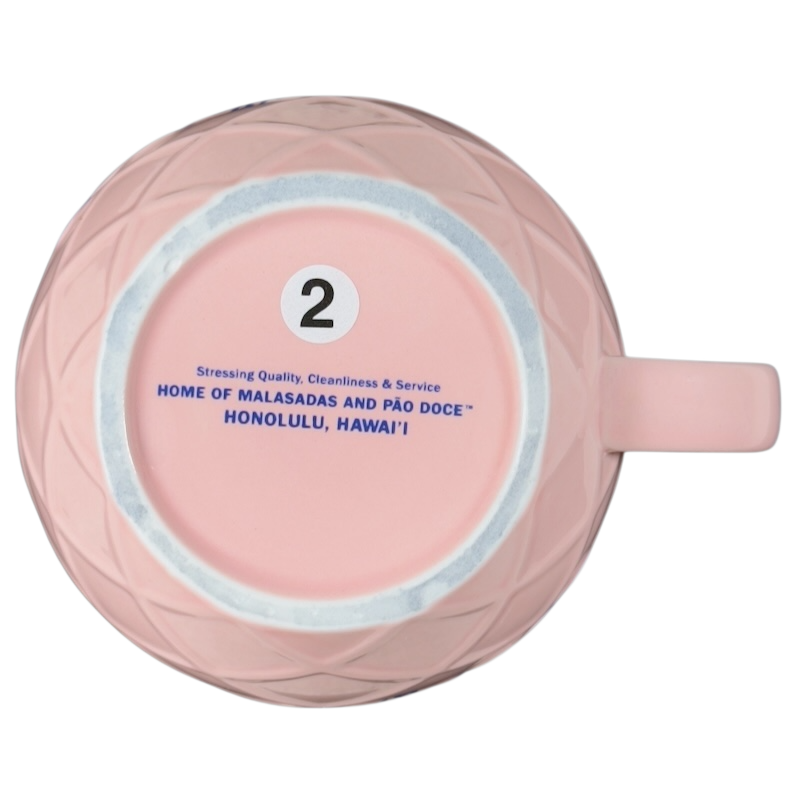 Leonard's Bakery collectible mug in pink featuring Hawaiian imagery and quality service details