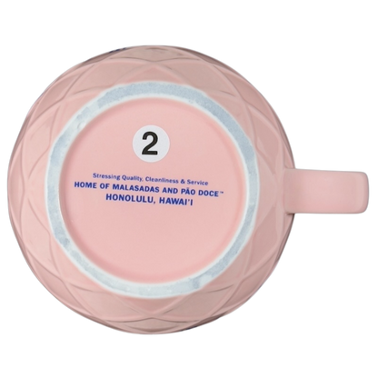 Leonard's Bakery collectible mug in pink featuring Hawaiian imagery and quality service details