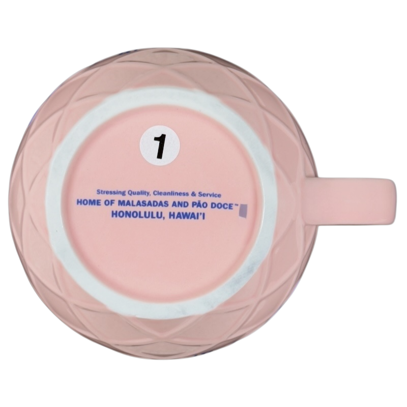 Leonard's Bakery collectible mug in pink with textured design and branding on the bottom